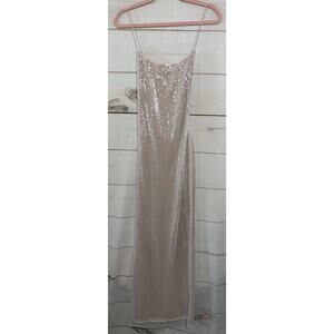 White Fox Formal Sequin Maxi Dress Size SM Pearl Colored Adjustable Tie Back